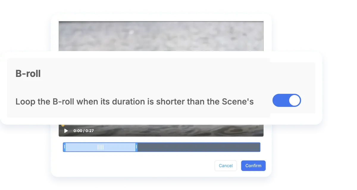 B-roll looping feature in scene based video editing for seamless background footage in Visla